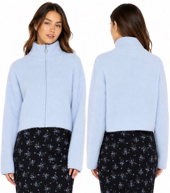 wild fable Sweaters - Wild Fable Light Blue Fuzzy Cropped Sweater Full Zip Closure Silver Pull XXS